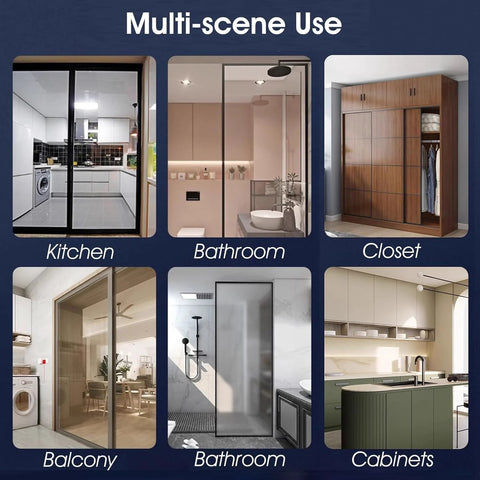 Image showing various installations of Double Bypass Sliding Closet Door Track Kit With Aluminum Box Rail And Pocket Door Hardware Easy To Cut 3mm Thick Rail 8 Wheel Hanger Set Supports Up To 100 Kg Lengths From 3 To 16 Feet Silver Finish, used in kitchen, bathroom, closet, balcony, and cabinets.