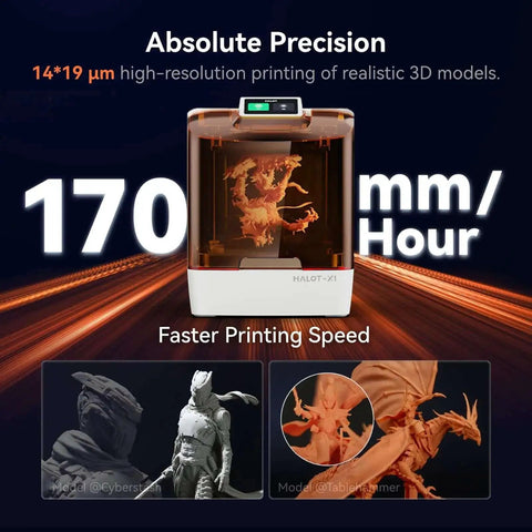 Halot X1 Combo Resin 3D Printer with 16K Mono LCD showcasing 170 mm per hour printing speed for detailed 3D models