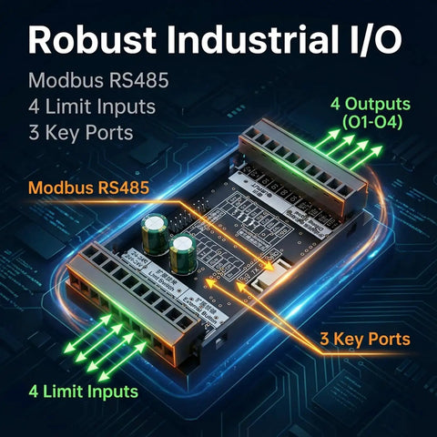 DIY Friendly Stepper Motor Controller For CNC And PLC 12 24V DC with Modbus RS485 ports and connectors highlighted on board