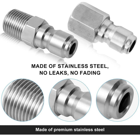Close-up of Stainless Steel Quick Connect Pressure Washer Fittings Set Of 2 No Leak Heavy Duty Pro Grade Quarter Inch