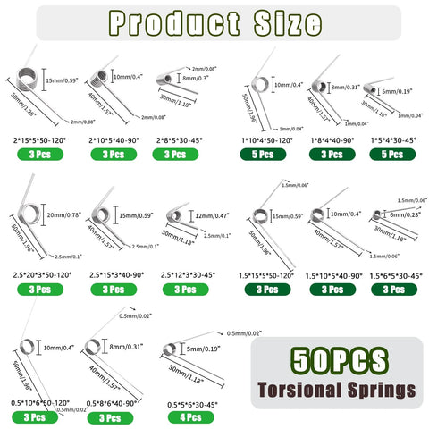 50-piece torsional springs assortment in 304 stainless steel; 15 sizes, 45/90/120°.