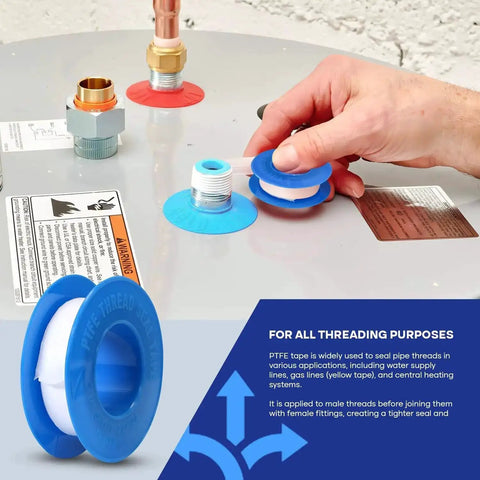 Hand holding Leak Proof PTFE Thread Seal Tape Set Three Quarters Inch By Five Hundred Twenty Inches Ten Rolls High Density Plumbing Tape