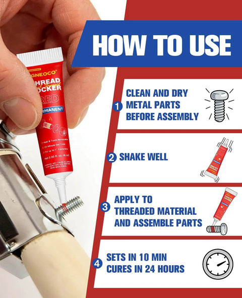 Application of red thread locker on metal in four steps for Blue And Red Thread Locker Set 6ml Each Two Pack With Medium And High Strength Seals For Nuts Bolts And Metal Fasteners To Stop Loose Screws And Corrosion Like A Pro