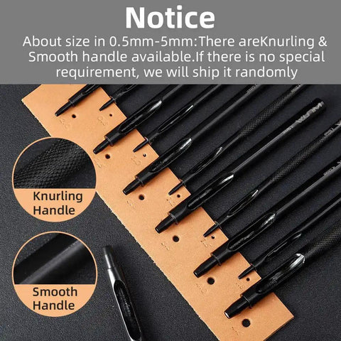 Round Hole Punch Set For Leather, Watch Bands, Belts, And Crafting with knurled and smooth handle options