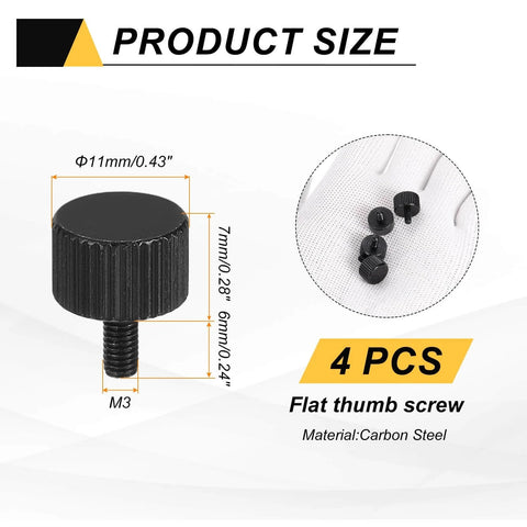 4 Pack M3x6mm Flat Knurled Head Thumb Screws Solid Carbon Steel Fully Threaded Bolts Fasteners with dimensions shown