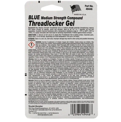 Back view of packaging for Blue Medium Strength Threadlocker Gel, with text and barcode