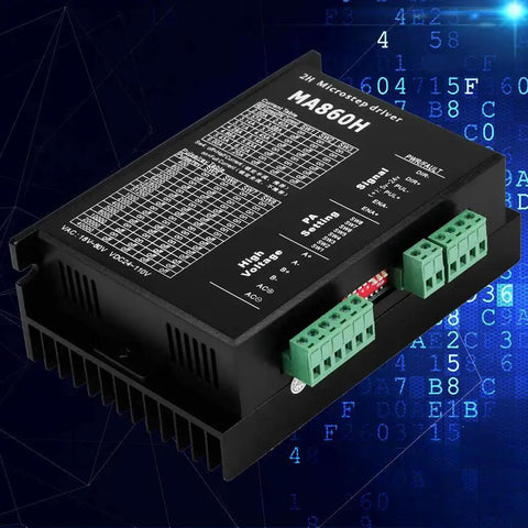 MA860H 200KHz stepper motor driver microstep controller module with optical isolation and 7A peak, front view against tech background