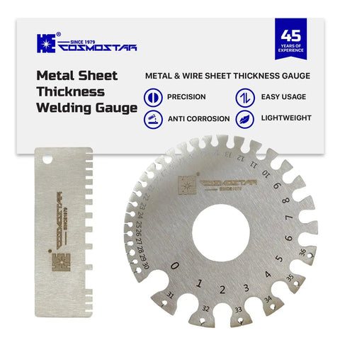Precision Welding Gauge Set For Dead On Wire And Sheet Thickness 25 To 3000 Um Wet Film Comb And Dual Sided Round Wire Cable Gauge Stainless Steel Two Pack By Cosmostar, showing metal gauges and measurements.