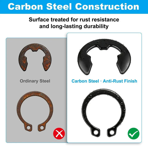 Comparison of ordinary steel and carbon steel C and E clips from All-In-One Pro-Grade 324Pcs C Clips And E Clips Kit with anti-rust features.