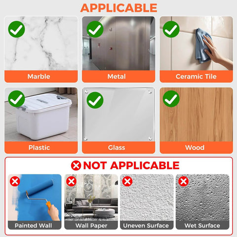 Image showing surfaces applicable and not applicable for Double Sided Tape Heavy Duty Mounting Tape 1.18 Inch By 10 Feet Nano Adhesive For Wall Decor