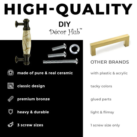 Comparison of Set Of 10 Antique Brass Cabinet Drawer Pulls With Brown Marble Ceramic Center Handles and other brands, highlighting quality features.
