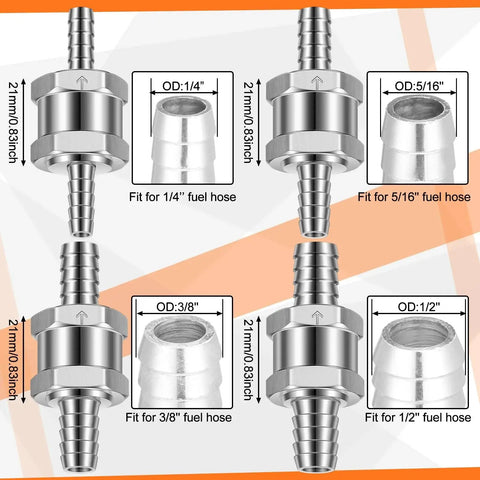 One Way Fuel Check Valve Pack Of Four Inline Valves In 1/4, 5/16, 3/8 And 1/2 Inch, aluminum alloy, for fuel oil water systems