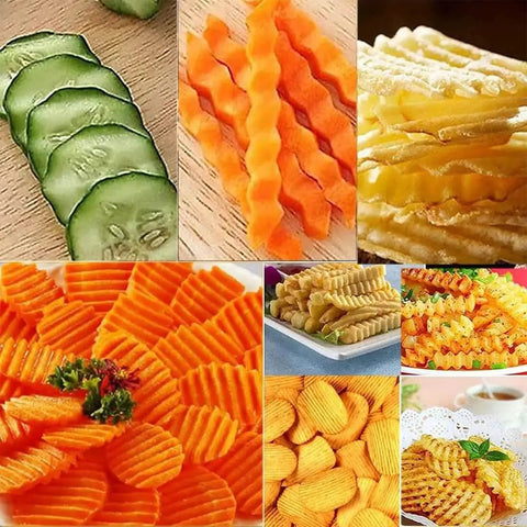 Crinkle Cutter For Veggies And Potatoes Stainless Steel Wave Knife Kitchen Crinkle Cutter creating wavy slices of vegetables and chips.