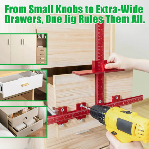 Built Tough Aluminum Cabinet Handle Jig For Precise Drawer Pull Installations with 50 Percent Thicker Frame and Dual Screw Lock Drill Guide Tool in use