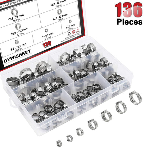 DYWISHKEY 136 pcs 7-21 mm 304 stainless steel single-ear hose clamps kit in clear plastic storage box