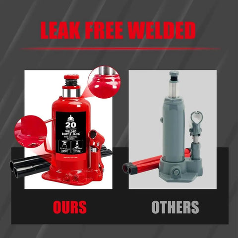 Leak free welded comparison of red Heavy Duty 20 Ton Hydraulic Bottle Jack With 40,000 Lbs Lifting Capacity Adjustable Screw Top Extension