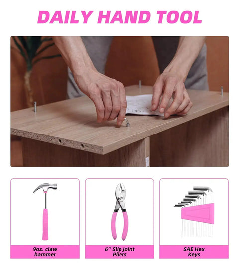 Person using Pink 40 Piece Home Go-To DIY Tool Set With Plastic Toolbox Case Chrome Vanadium Hand Tools for furniture assembly