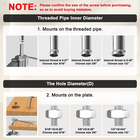 Diagram showing threaded pipe inner diameters for 4 Inch Caster Wheels Set Of Four With Locking Threaded Stem 1/2-13 X 1-1/2 Inches.