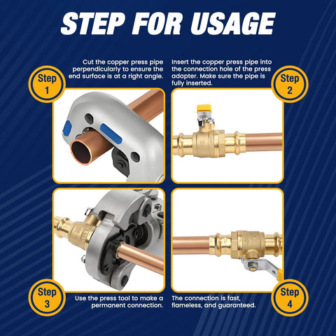 ABBIEMO 10pcs 3/4in press Propress ball valve with EPDM O-ring for copper tubing—four-step installation infographic