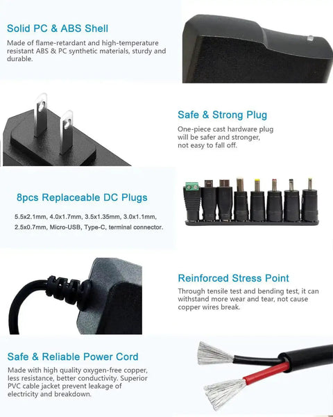 9V DC Power Supply 1A AC Adapter 100 240V Input 50 60Hz 9V Output 1A Max 10W with 4.6Ft Cable And Eight Tips, plug detail