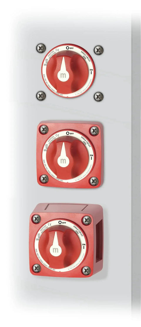 Blue Sea Systems 6006 m-Series red on/off battery isolator switch with locking key, set of 3 on panel