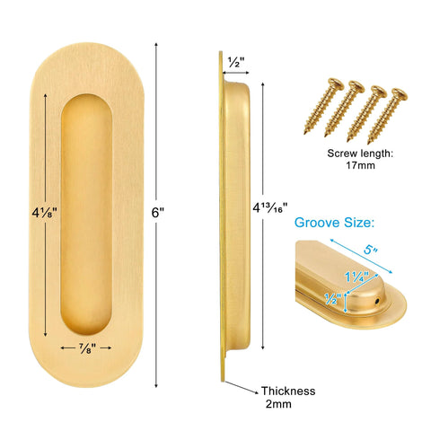 Gold 6 Inch Recessed Finger Flush Pulls For Pocket Doors Two Pack Dope Brushed Gold Stainless Steel Oval Barn Door Hardware