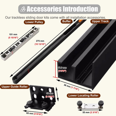 36 To 60 Inch Invisible Sliding Door Kit With Soft Close Trackless Black Mirrored Hardware interior components and measurements.