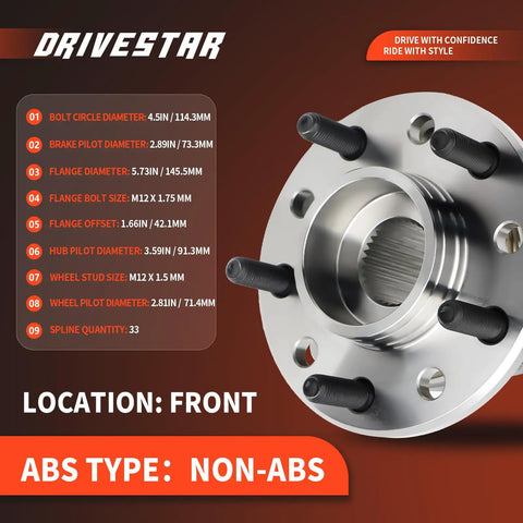 Front Or Rear Wheel Hub And Bearing Assembly Ready To Roll For Chrysler 300M Concorde Intrepid LHS New Yorker Dodge Eagle Vision And Rear Prowler Plymouth Prowler With 5 Lug Pattern Fits 1993 To 2004 Vehicles, non-ABS, front view