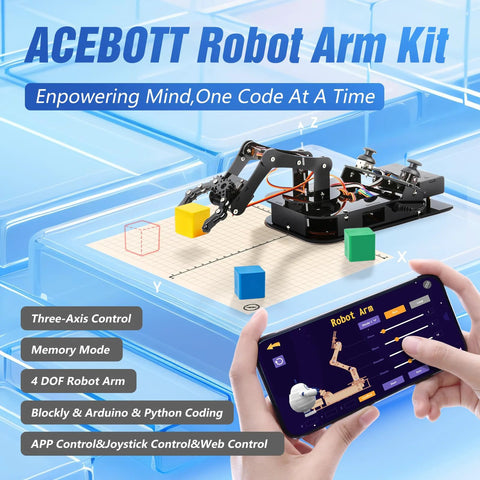 ACEBOTT 4-DOF ESP32 robotic arm kit toy on grid mat with yellow, blue, green cubes and smartphone app control