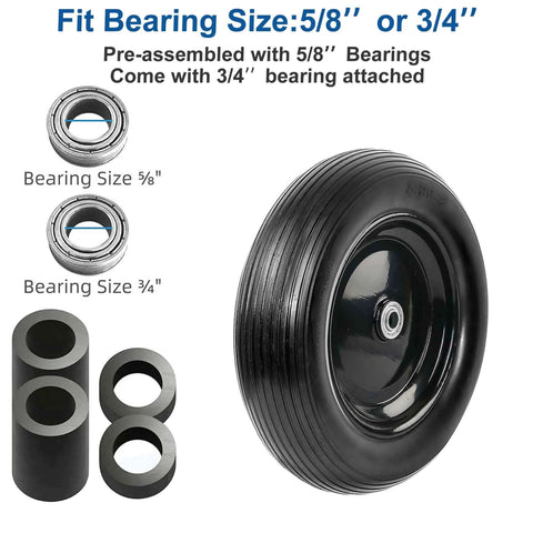 13 Inch Wheelbarrow Tire 4.00 6 flat free replacement with adapter kit fits five eighths and three quarters bearings shown.