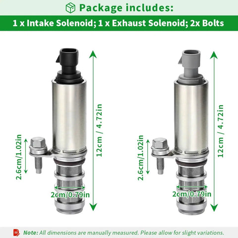 Intake And Exhaust Camshaft Position Actuator Solenoid Valve VVT Oil Control Kit All In One Replacement For Chevy Saturn Pontiac Buick Saab GMC 2.0L 2.2L 2.4L Replaces 12655421 12655420 shown with intake and exhaust solenoids and bolts