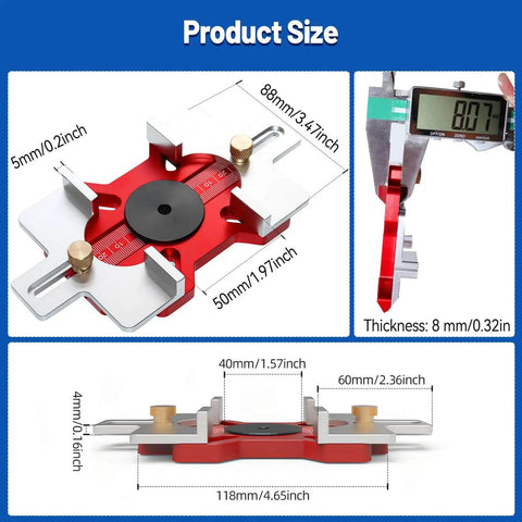 2-In-1 Aluminum Slotting Locator For Woodworking with clear scale, shown from multiple angles with measurement dimensions.
