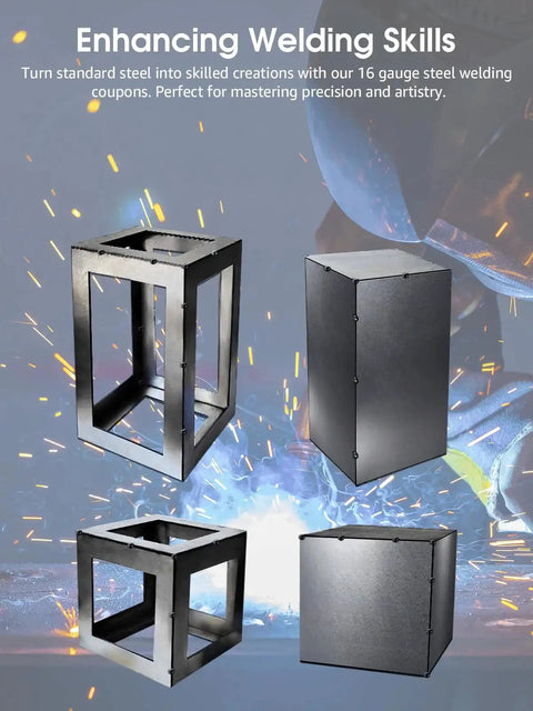 Magnetic Welding Practice Kit With 28.6 Pound Heavy Duty Welding Magnet And 24 Piece 16 Gauge Steel Coupons For MIG TIG And Stick Welding Dope For Metal Projects And Training At Home Or Shop with assembled metal structures.