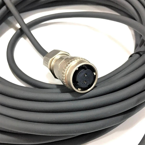 Metal circular screw-lock aviation connector with four-pin black insert on a long black cable.