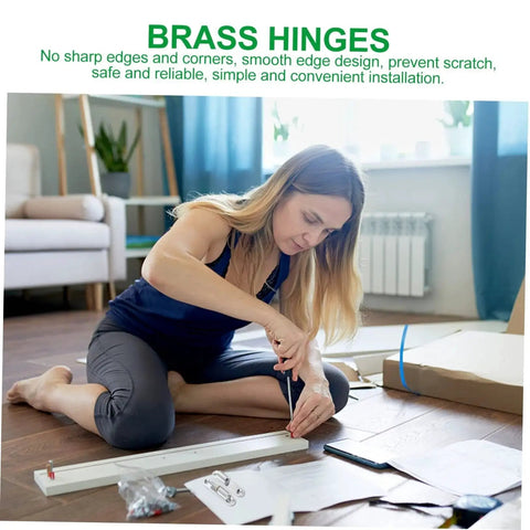 Woman installing sturdy screw-on metal door hinges 4 pack for internal doors, showing easy installation in a home setting.