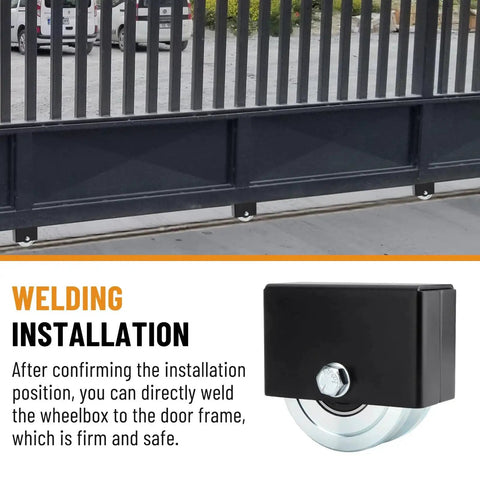 4 Inch V Groove Slide Gate Wheel With Welded Bracket Box For Inverted V Track Systems shown under black gate