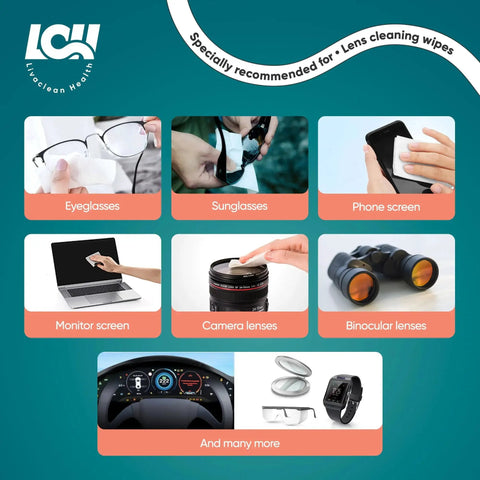 Image showing various uses of 250 Count Lens Wipes For Eyeglasses Cameras And Screens Pre Moistened, including glasses and devices.