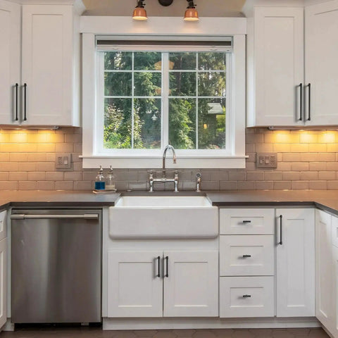 Knurled Matte Black Cabinet Pulls Pack Of 10 With 10 Inch Center To Center Spacing installed on white kitchen cabinets.