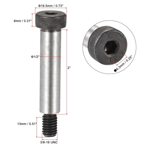 Alloy Steel Hex Socket Head Shoulder Bolts Thread Size Three Eighths By Sixteen UNC Two Inch Shoulder Length One Half Inch Shoulder Diameter Heavy Duty Two Pack High Torque Shoulder Screws For Machinery And Mechanical Assemblies.