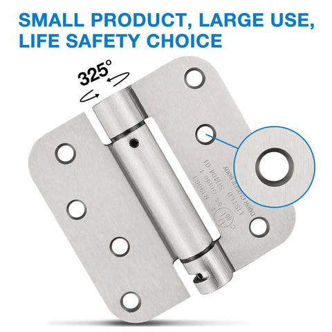 Beefy Self Closing Door Hinges Satin Nickel Finish 4x4 Inch Spring Loaded 5/8 Radius Exterior Use 8-Hole for Wood Doors
