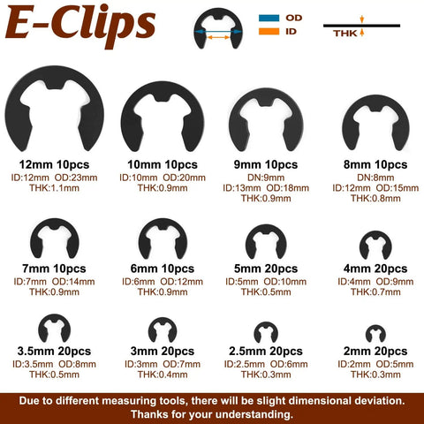 E Clips sizes from 2.5mm to 12mm with dimensions and quantities, part of 360 Pcs Carbon Steel E Clips And Snap Rings Kit