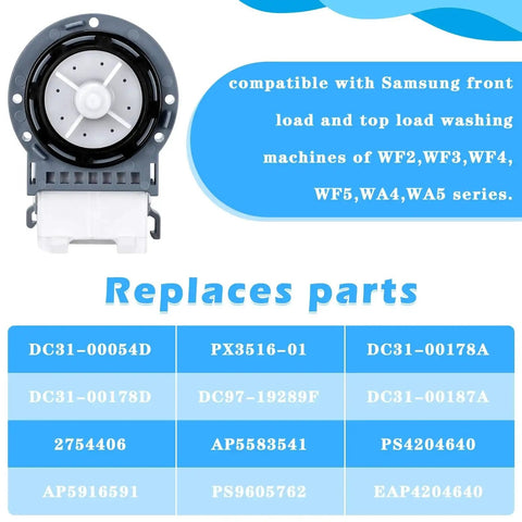 Washer drain pump replacement, grey plastic housing with white impeller, front view