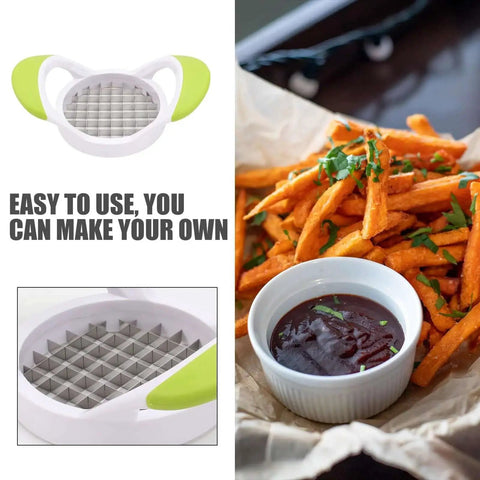Creative Potato Cutter Slicer For Home Kitchens Stainless Steel Double Sided Cutter Lets You Cut Potatoes Into Perfect French Fries And Shreds Easy To Use Durable 430 Stainless Construction Random Color, shown with fries.