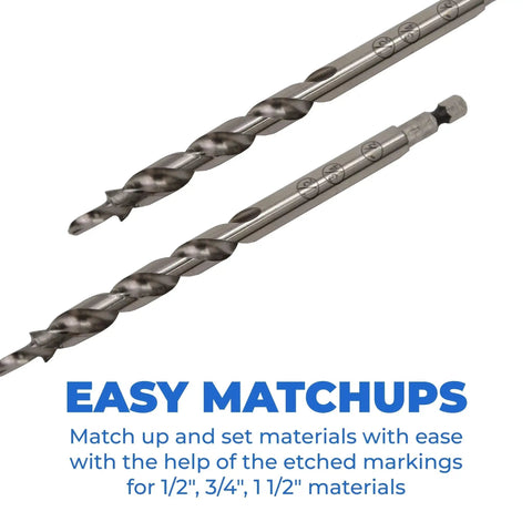 Close-up of Easy Set Pocket Hole Drill Bit for accurate pocket hole joinery with 1/2, 3/4, 1-1/2 inch etched marks, KPHA300 2 count.