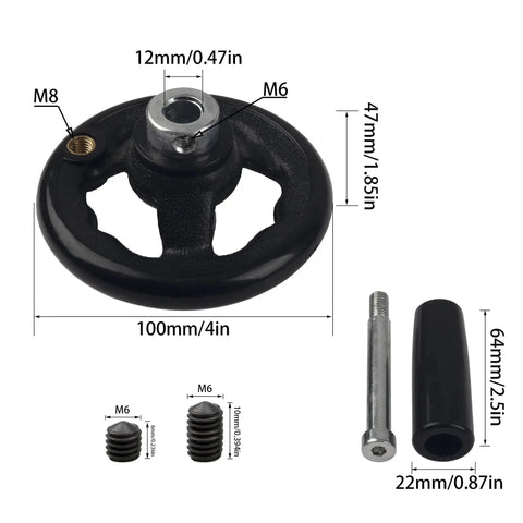 Round Hand Wheel With Revolving Knob For Milling Machines Drill Press Lathe, showing wheel, knob, screws, and dimensions.