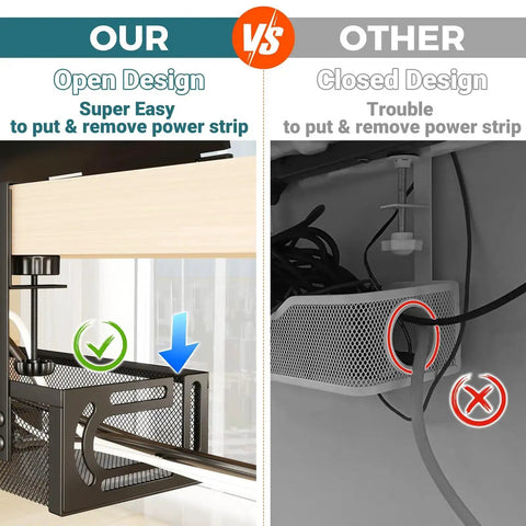 Comparison between open and closed design of Under Desk Cable Management Tray With Clamp No Drill Installation 25.3 Inch Large Capacity Metal Cord Organizer For Standing Desks Home Office And Gaming Setup Black.