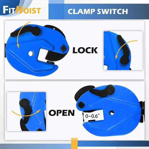 Heavy Duty Vertical Plate Clamp 0.8 Ton Load For Lifting And Transporting with lock and open switch shown in blue.