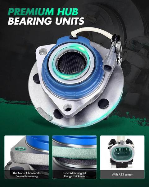 Close-up of premium hub bearing unit for 2pcs Front Wheel Hub Bearing 513121 Pack, featuring ABS sensor and flange details.