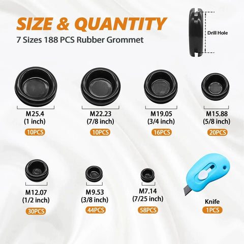 Display of Closed Rubber Grommet Kit With Firewall Hole Plugs Assortment In Seven Sizes and retractable knife
