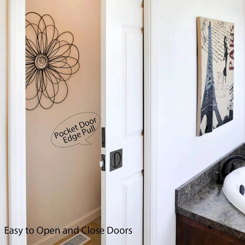 Open pocket door with Pocket Door Privacy Lock And Pull In Stainless Steel 304 for bed and bath, flush handle in a modern bathroom.